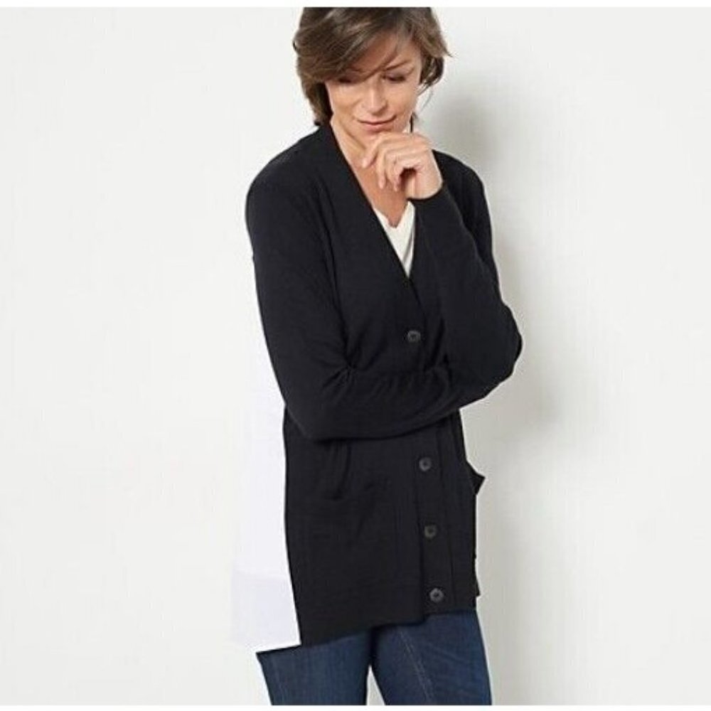 Isaac Mizrahi Live! Elements Mix Media Sweater Cardigan Pitch Black Medium